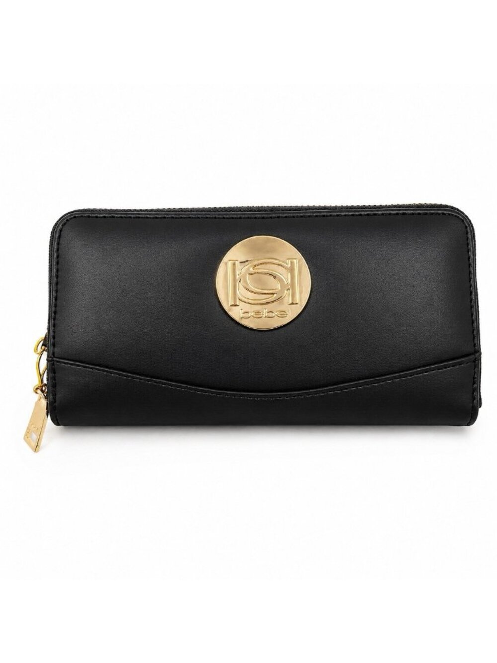 bebe Melendy Wallet Womens One Size Black Gold Logo Zip Around Faux Leather NWT